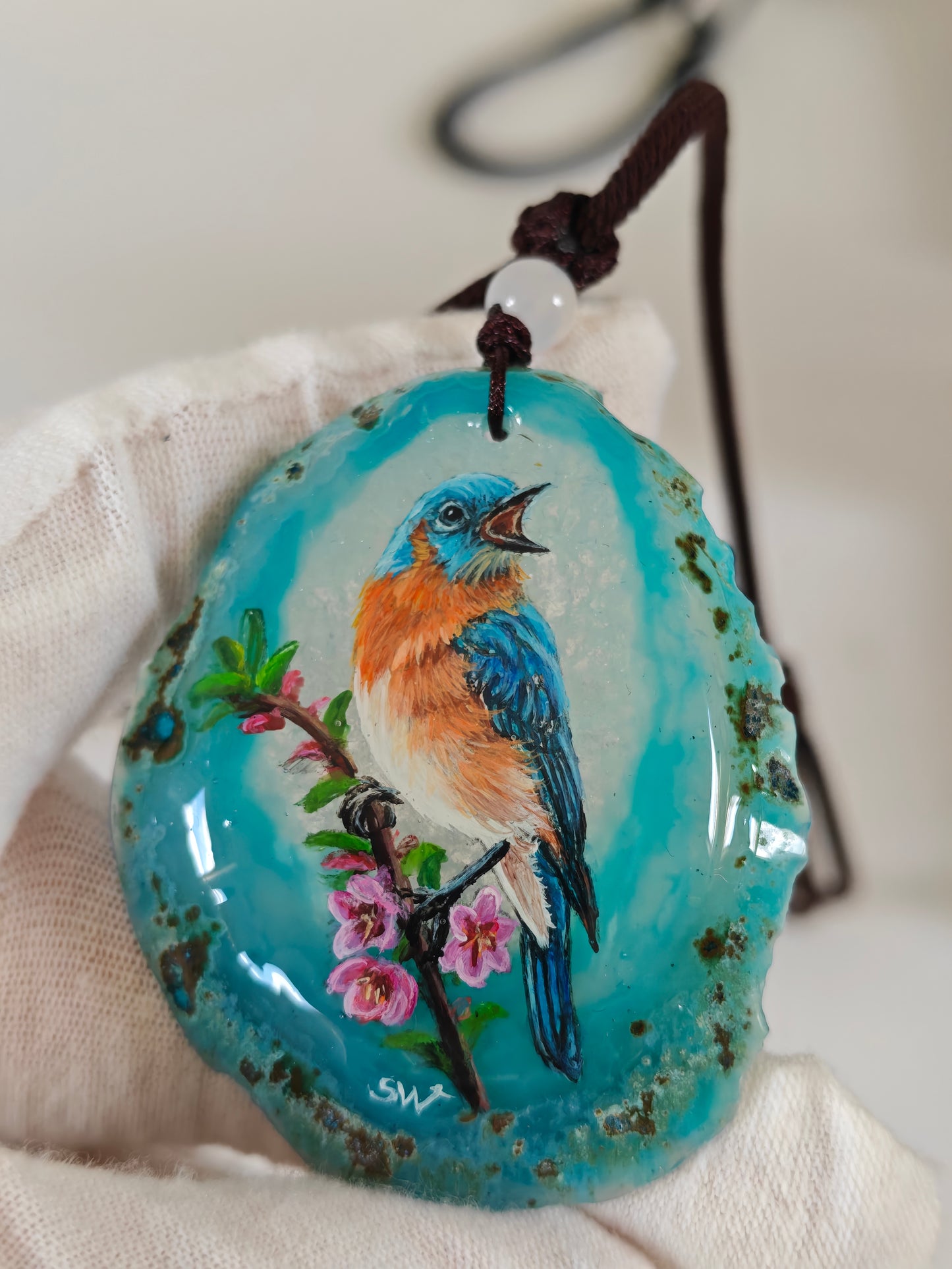 Einzigartige Anhänger /das Eisvogel/Achat/Hand bemalt Juwelen und tragbare Kunst /Natur Schmuck