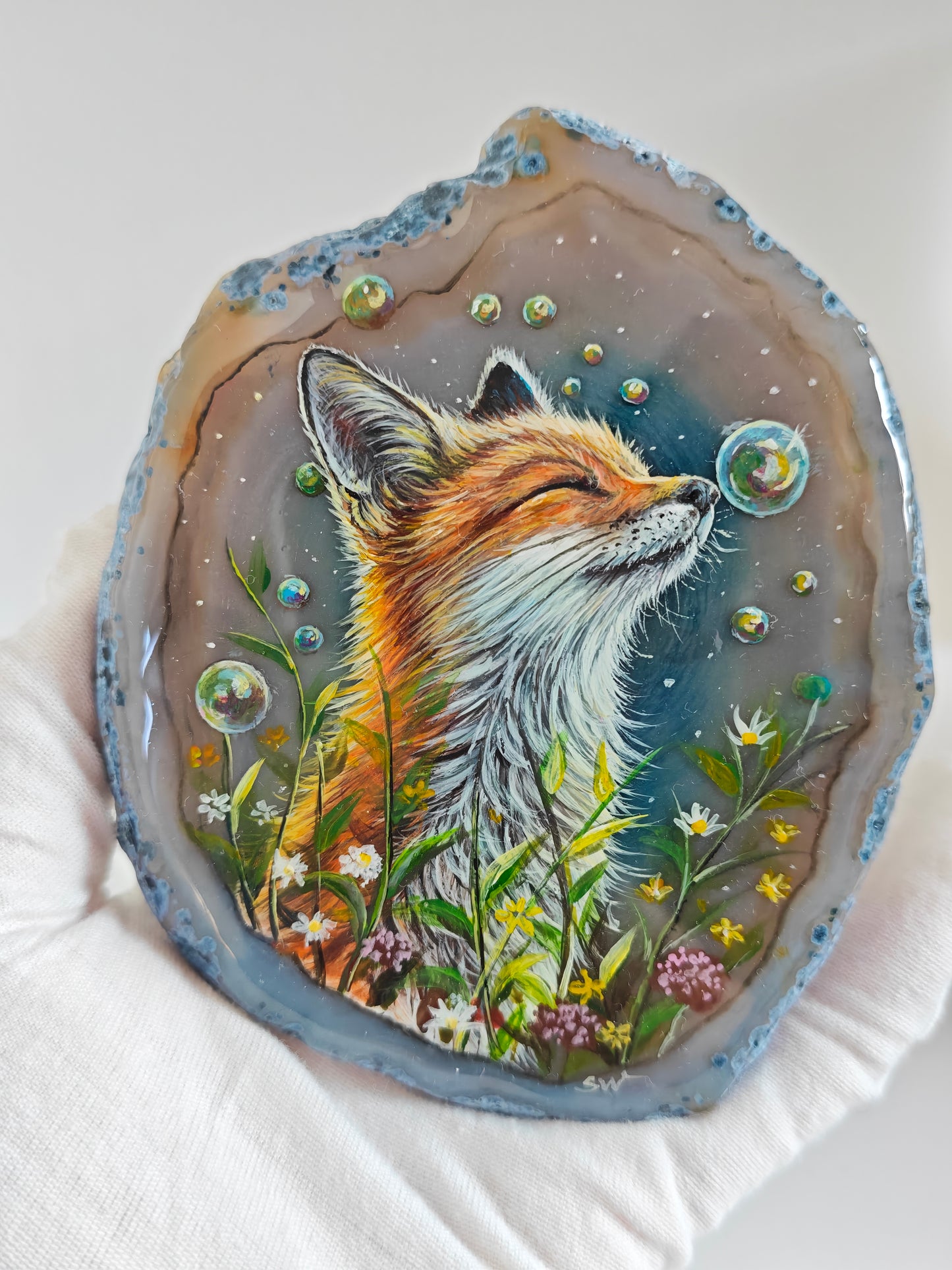 Einzigartige bemalt Achatscheibe/Der Fuchs /Hand bemalt /Deko/Tierpotrait/ink.Metallständer
