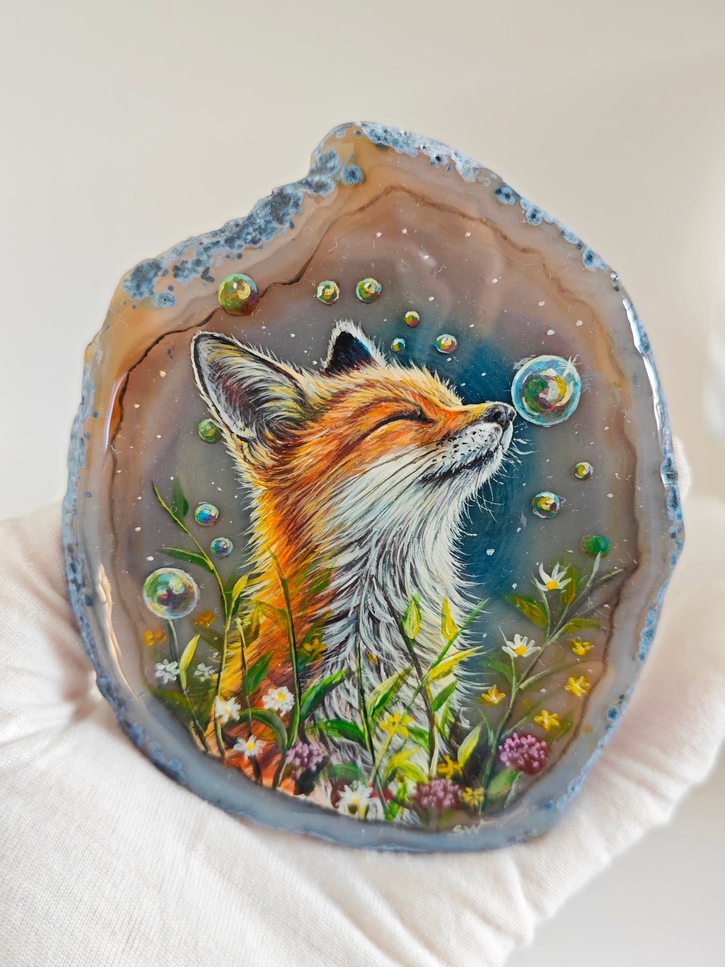 Einzigartige bemalt Achatscheibe/Der Fuchs /Hand bemalt /Deko/Tierpotrait/ink.Metallständer