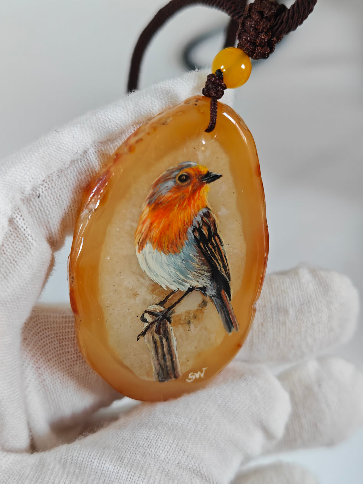 Einzigartige Anhänger /das Rotkehlchen/Achat/Hand bemalt Juwelen und tragbare Kunst /Natur Schmuck