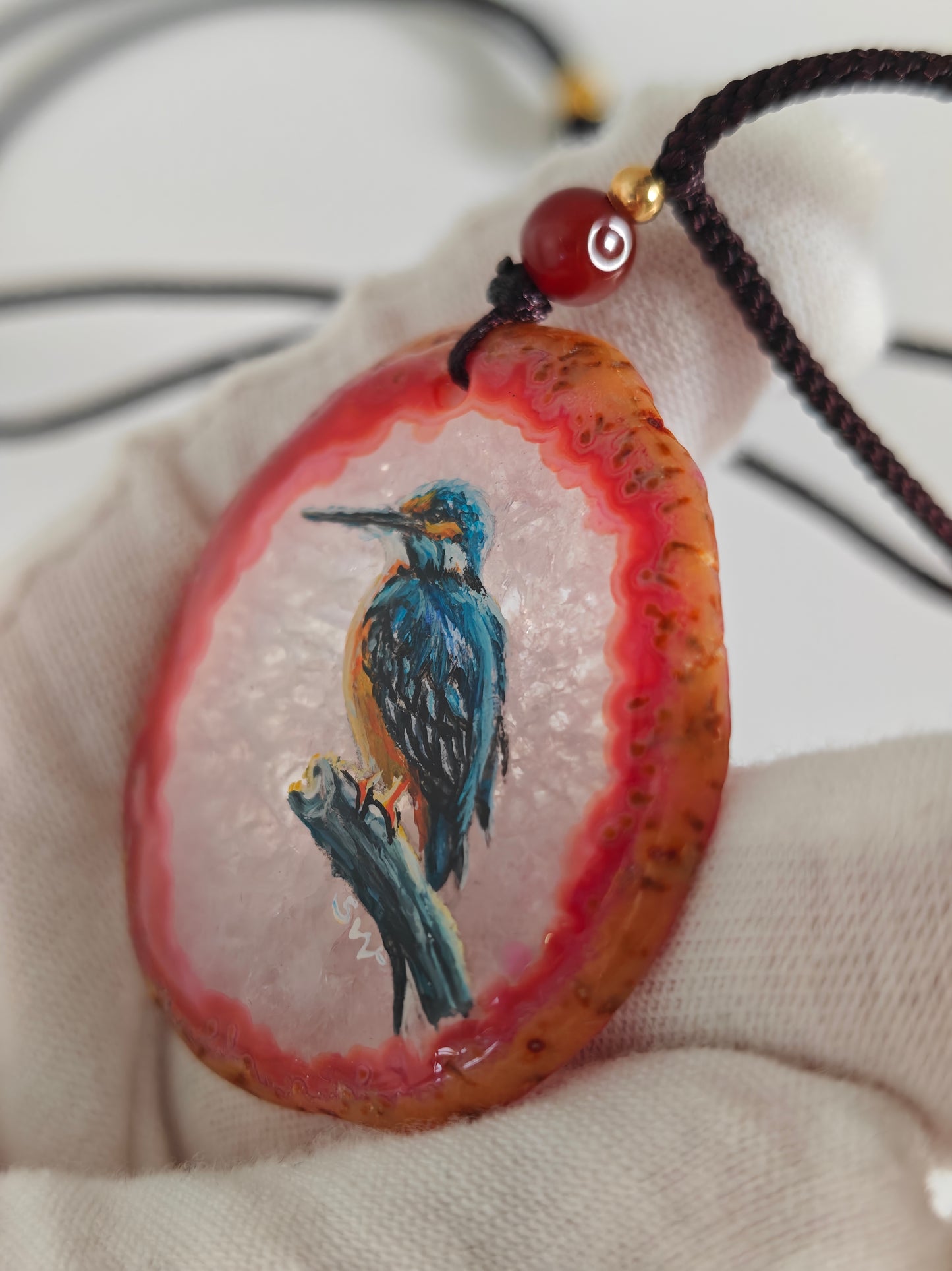 Einzigartige Anhänger /Der Eisvogel/Achat/Hand bemalt Juwelen und tragbare Kunst /Natur Schmuck