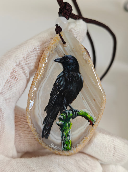 Einzigartige Anhänger der schwarze Rabe/Achat/Hand bemalt Juwelen und tragbare Kunst /Natur Schmuck