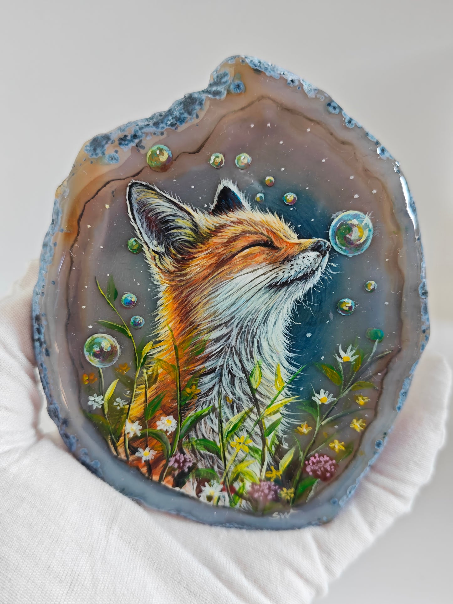 Einzigartige bemalt Achatscheibe/Der Fuchs /Hand bemalt /Deko/Tierpotrait/ink.Metallständer