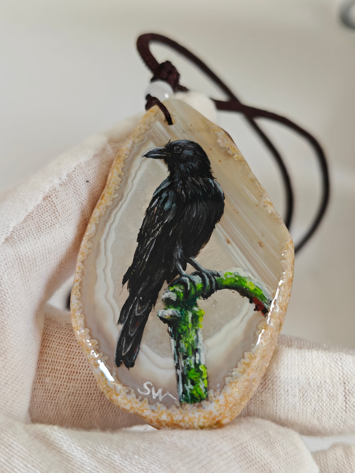 Einzigartige Anhänger der schwarze Rabe/Achat/Hand bemalt Juwelen und tragbare Kunst /Natur Schmuck