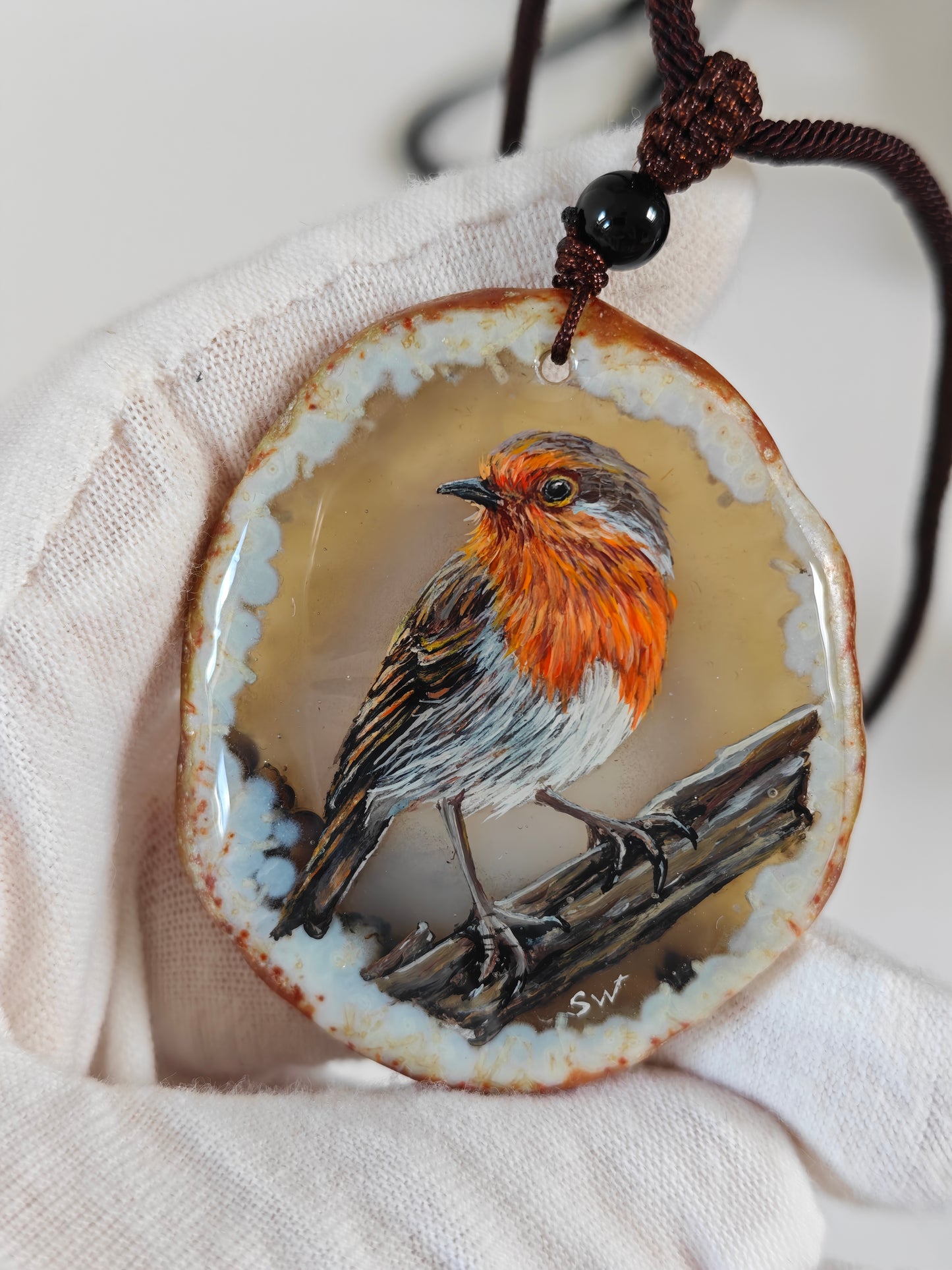 Einzigartige Anhänger /das Rotkehlchen/Achat/Hand bemalt Juwelen und tragbare Kunst /Natur Schmuck