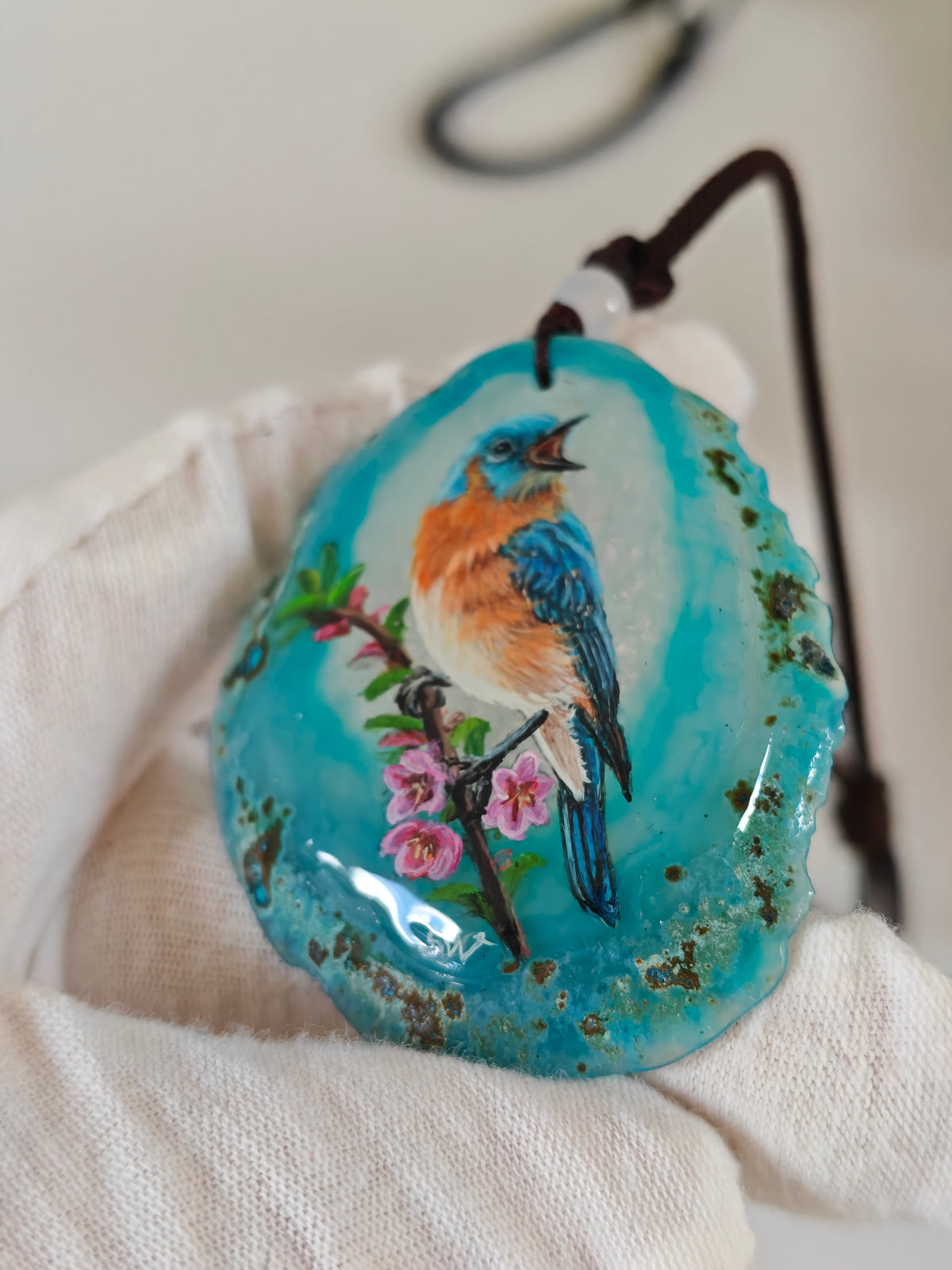 Einzigartige Anhänger /das Eisvogel/Achat/Hand bemalt Juwelen und tragbare Kunst /Natur Schmuck