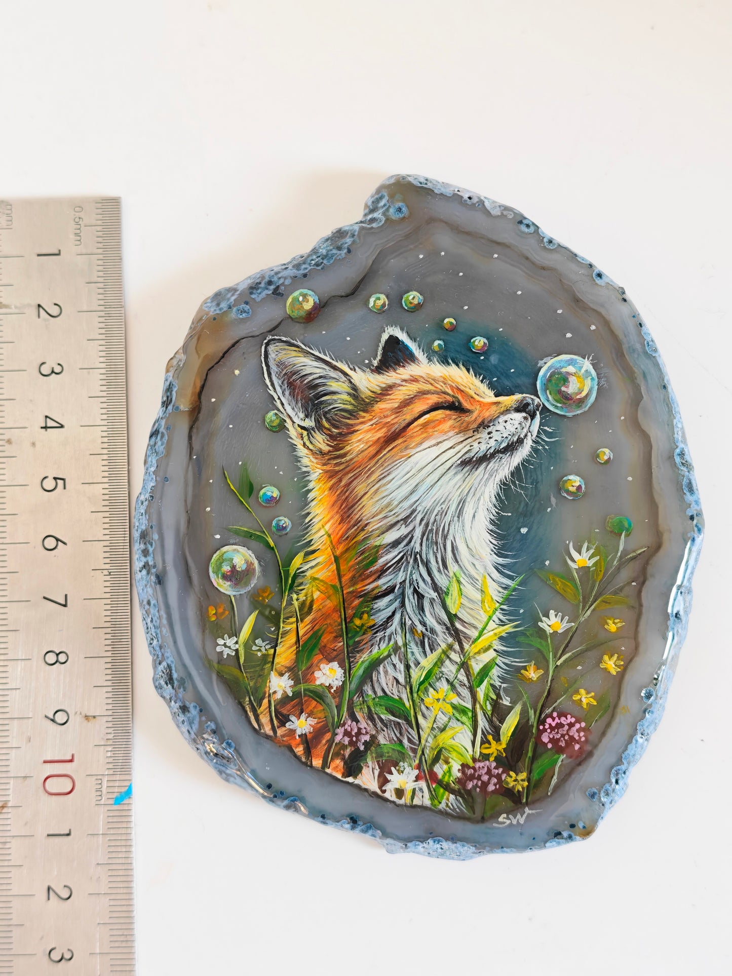 Einzigartige bemalt Achatscheibe/Der Fuchs /Hand bemalt /Deko/Tierpotrait/ink.Metallständer