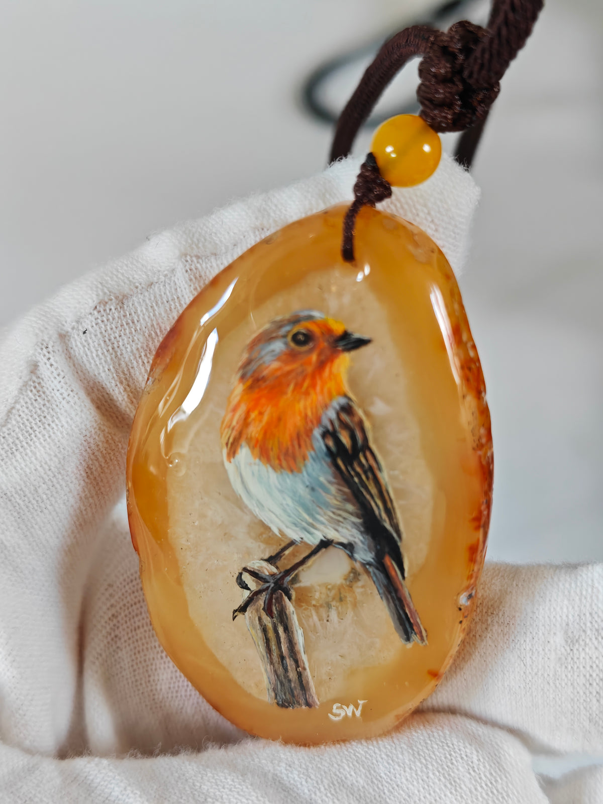 Einzigartige Anhänger /das Rotkehlchen/Achat/Hand bemalt Juwelen und tragbare Kunst /Natur Schmuck