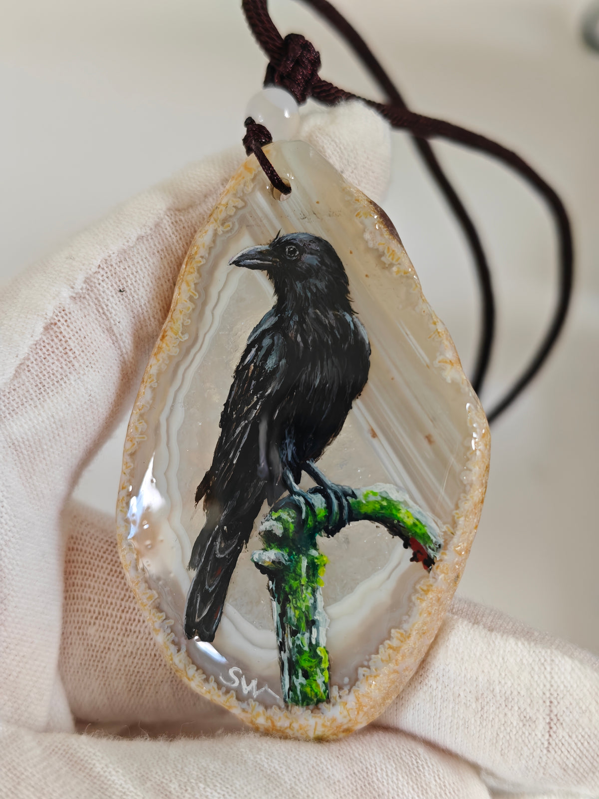 Einzigartige Anhänger der schwarze Rabe/Achat/Hand bemalt Juwelen und tragbare Kunst /Natur Schmuck