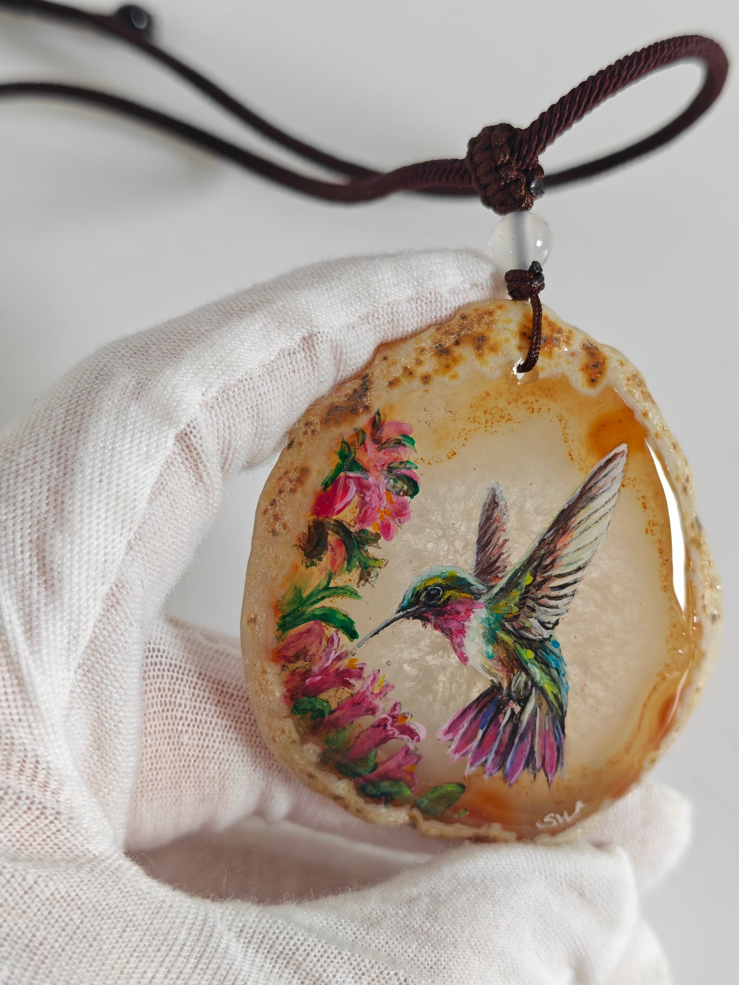 Einzigartige Anhänger /Der Kolibri/Achat/Hand bemalt Juwelen und tragbare Kunst /Natur Schmuck