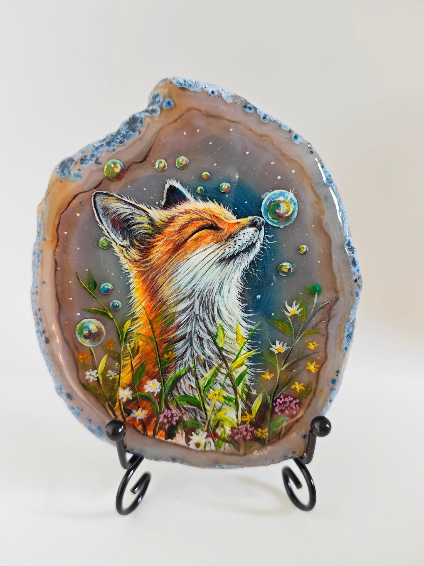 Einzigartige bemalt Achatscheibe/Der Fuchs /Hand bemalt /Deko/Tierpotrait/ink.Metallständer
