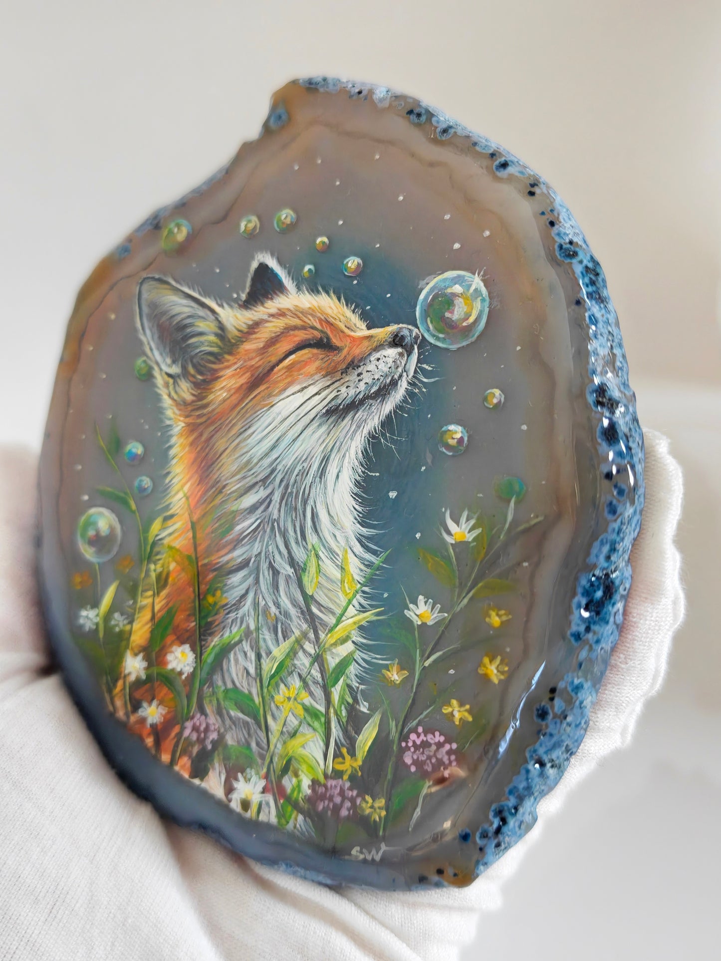 Einzigartige bemalt Achatscheibe/Der Fuchs /Hand bemalt /Deko/Tierpotrait/ink.Metallständer