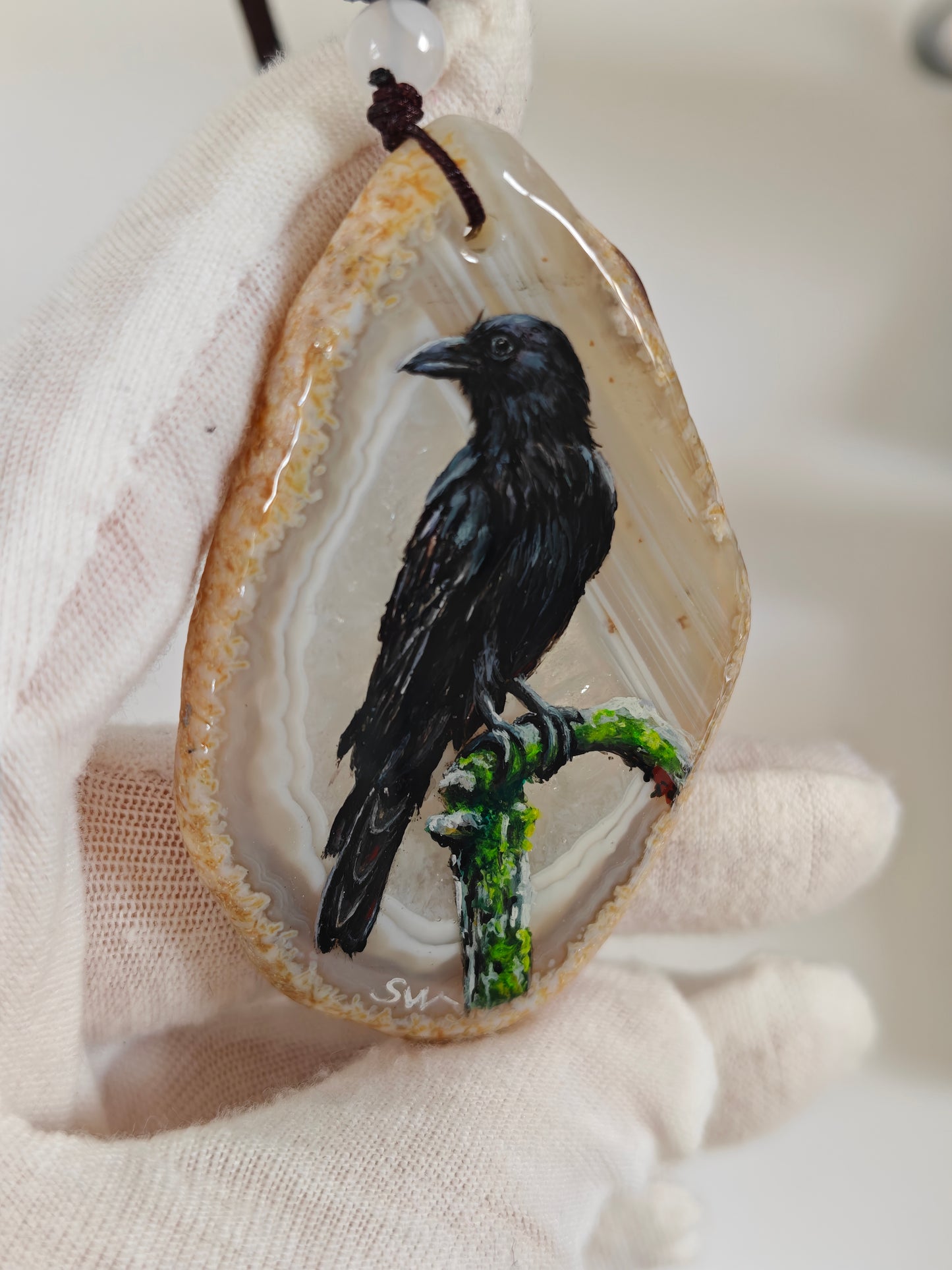 Einzigartige Anhänger der schwarze Rabe/Achat/Hand bemalt Juwelen und tragbare Kunst /Natur Schmuck