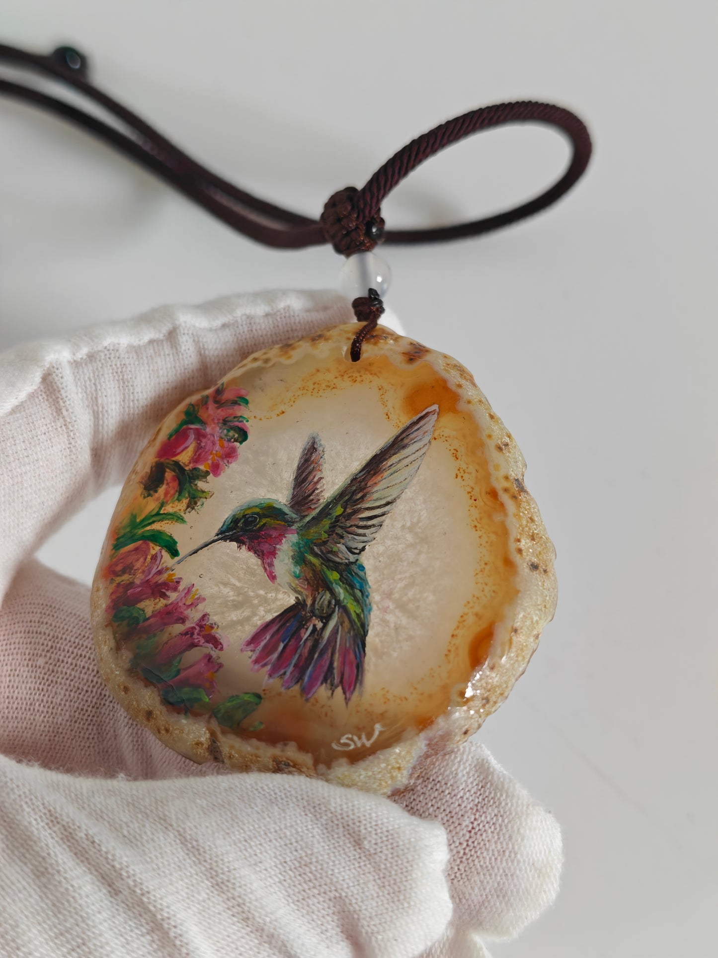 Einzigartige Anhänger /Der Kolibri/Achat/Hand bemalt Juwelen und tragbare Kunst /Natur Schmuck