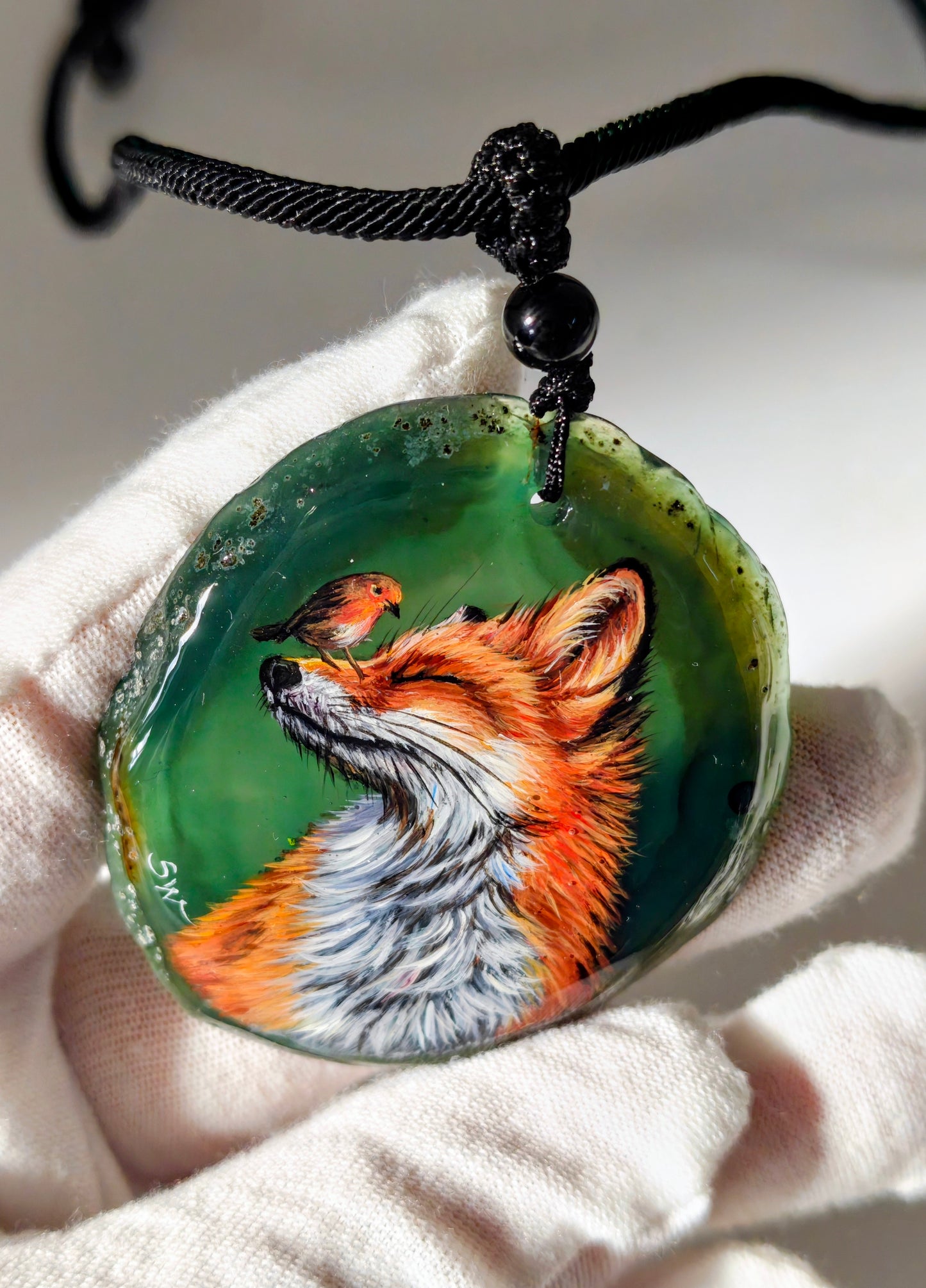 Einzigartige Anhänger /der Fuchs und Schmetterling/Achat/Hand bemalt Juwelen und tragbare Kunst /Natur Schmuck
