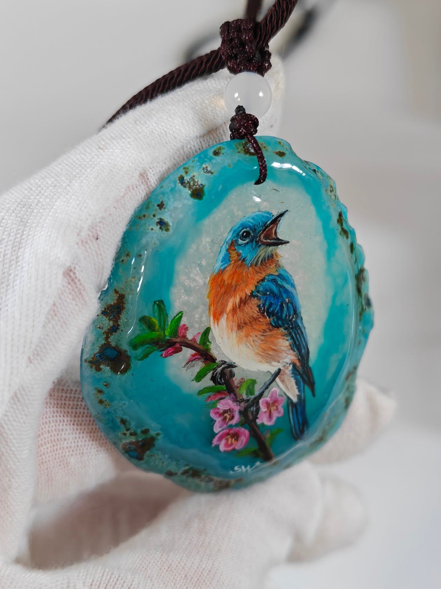 Einzigartige Anhänger /das Eisvogel/Achat/Hand bemalt Juwelen und tragbare Kunst /Natur Schmuck