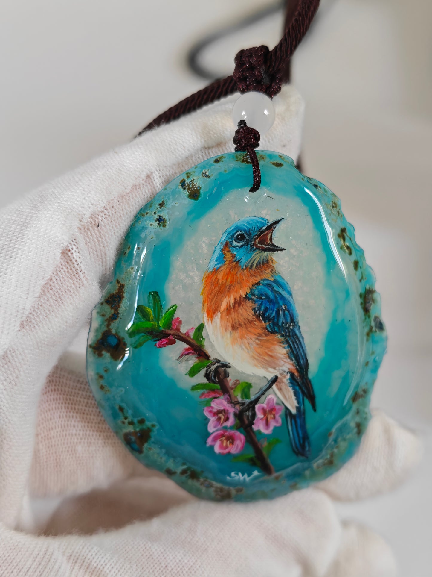 Einzigartige Anhänger /das Eisvogel/Achat/Hand bemalt Juwelen und tragbare Kunst /Natur Schmuck