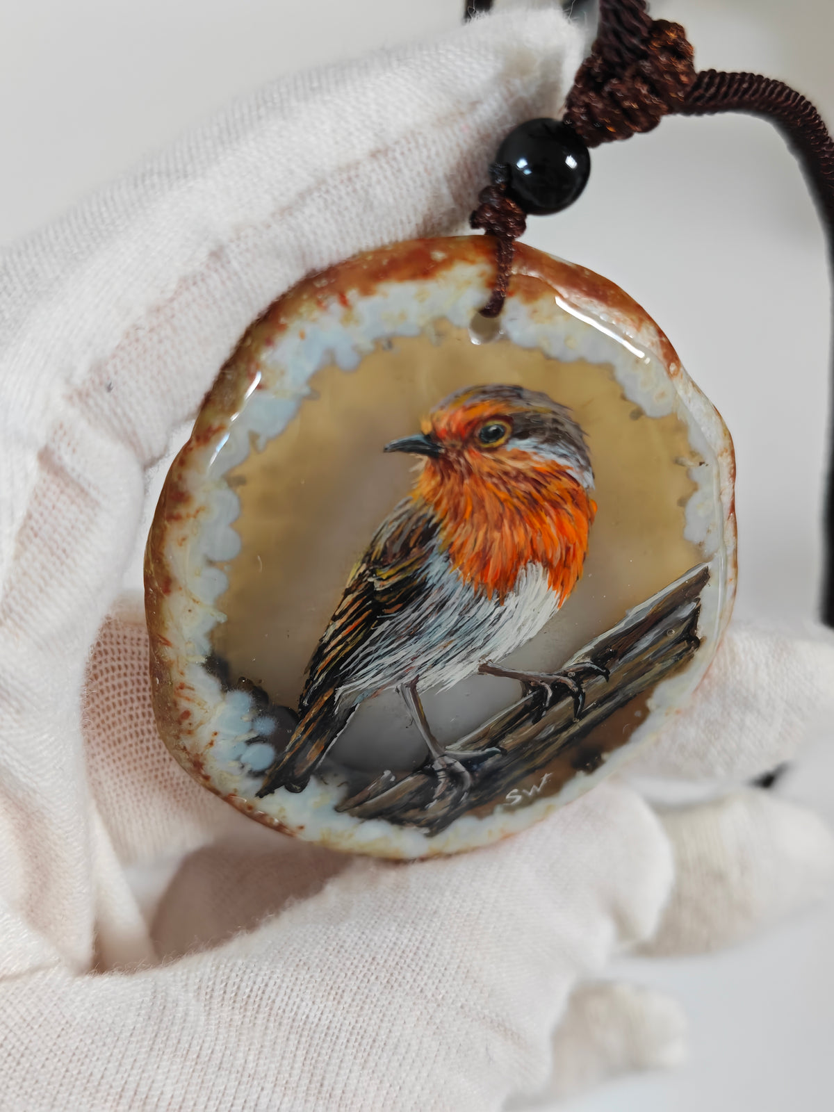 Einzigartige Anhänger /das Rotkehlchen/Achat/Hand bemalt Juwelen und tragbare Kunst /Natur Schmuck
