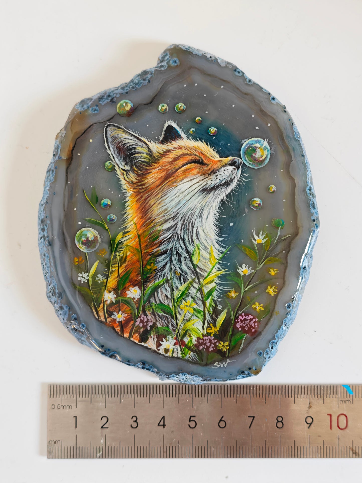 Einzigartige bemalt Achatscheibe/Der Fuchs /Hand bemalt /Deko/Tierpotrait/ink.Metallständer