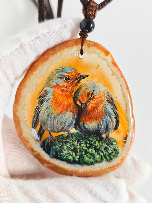 Einzigartige Anhänger /Zwei kleine Vögel/Achat/Hand bemalt Juwelen und tragbare Kunst /Natur Schmuck
