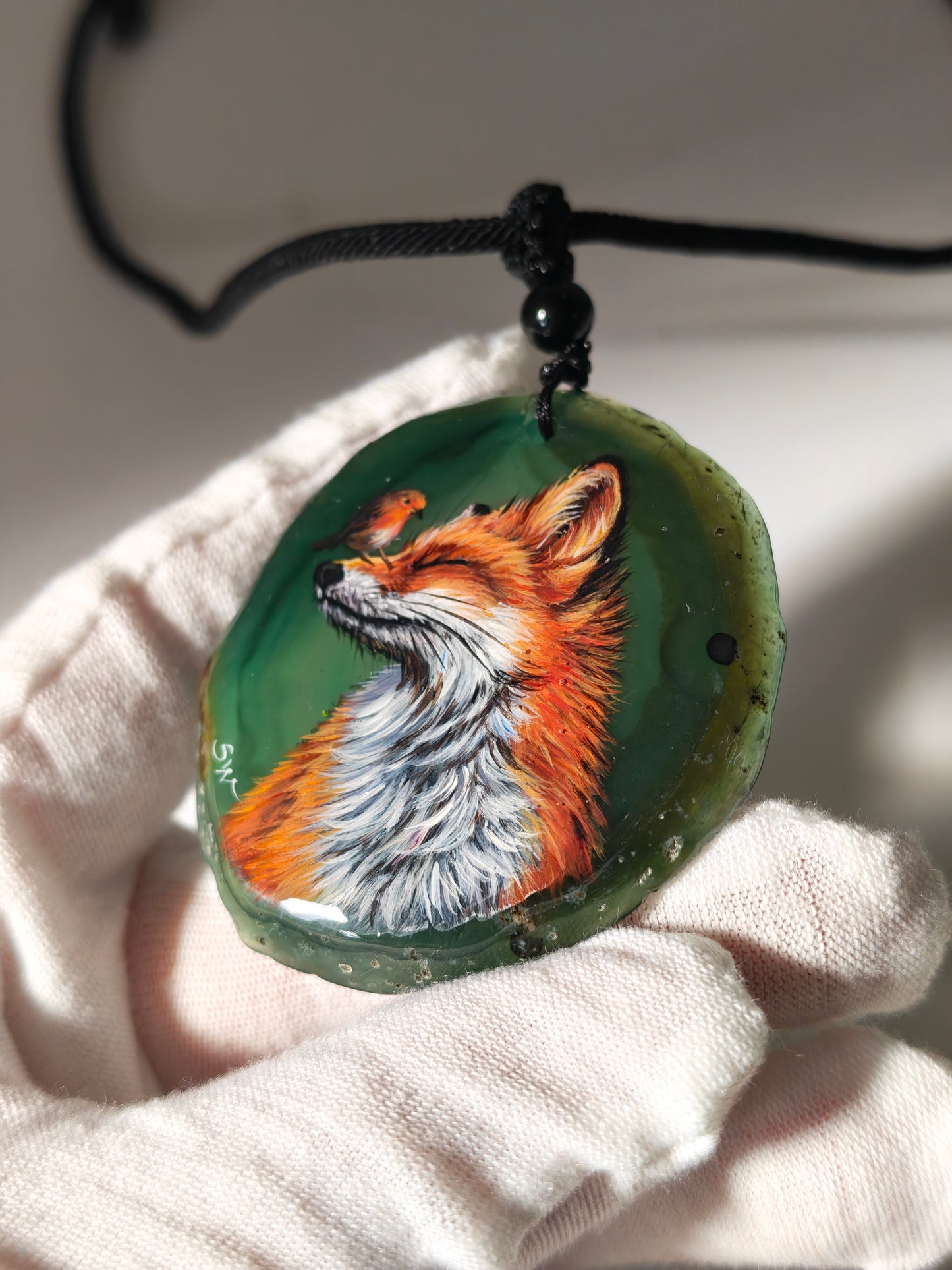 Einzigartige Anhänger /der Fuchs und Schmetterling/Achat/Hand bemalt Juwelen und tragbare Kunst /Natur Schmuck