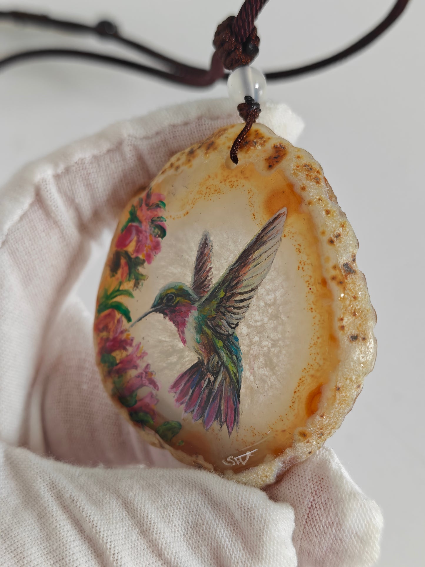 Einzigartige Anhänger /Der Kolibri/Achat/Hand bemalt Juwelen und tragbare Kunst /Natur Schmuck