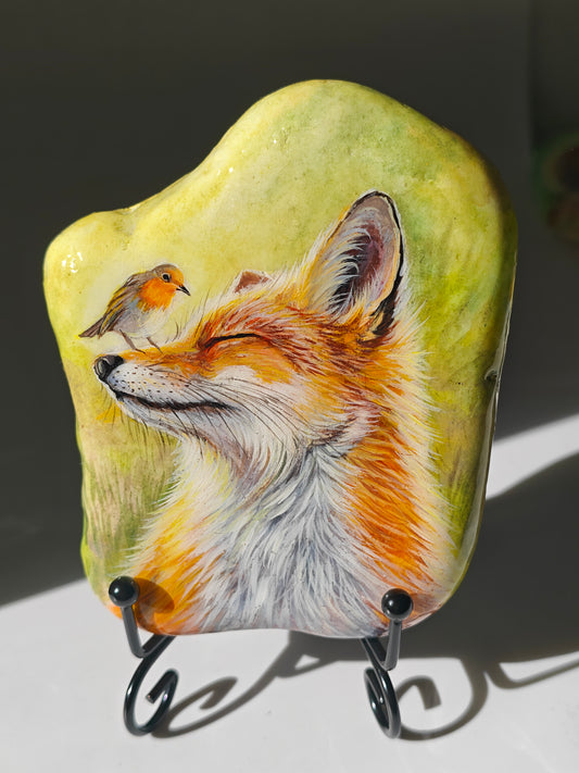 Einzigartig handbemalte Stein/der Fuchs und der Vogel /inklusive Tischstaffele