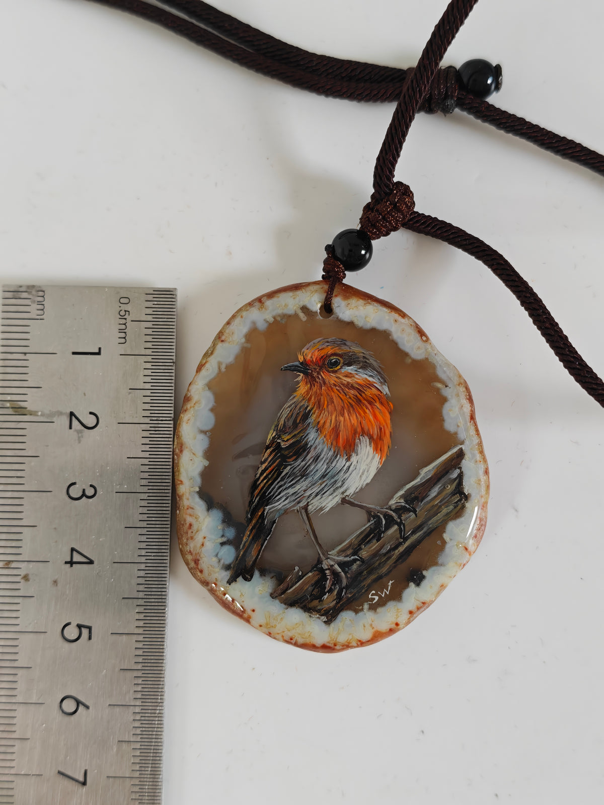 Einzigartige Anhänger /das Rotkehlchen/Achat/Hand bemalt Juwelen und tragbare Kunst /Natur Schmuck
