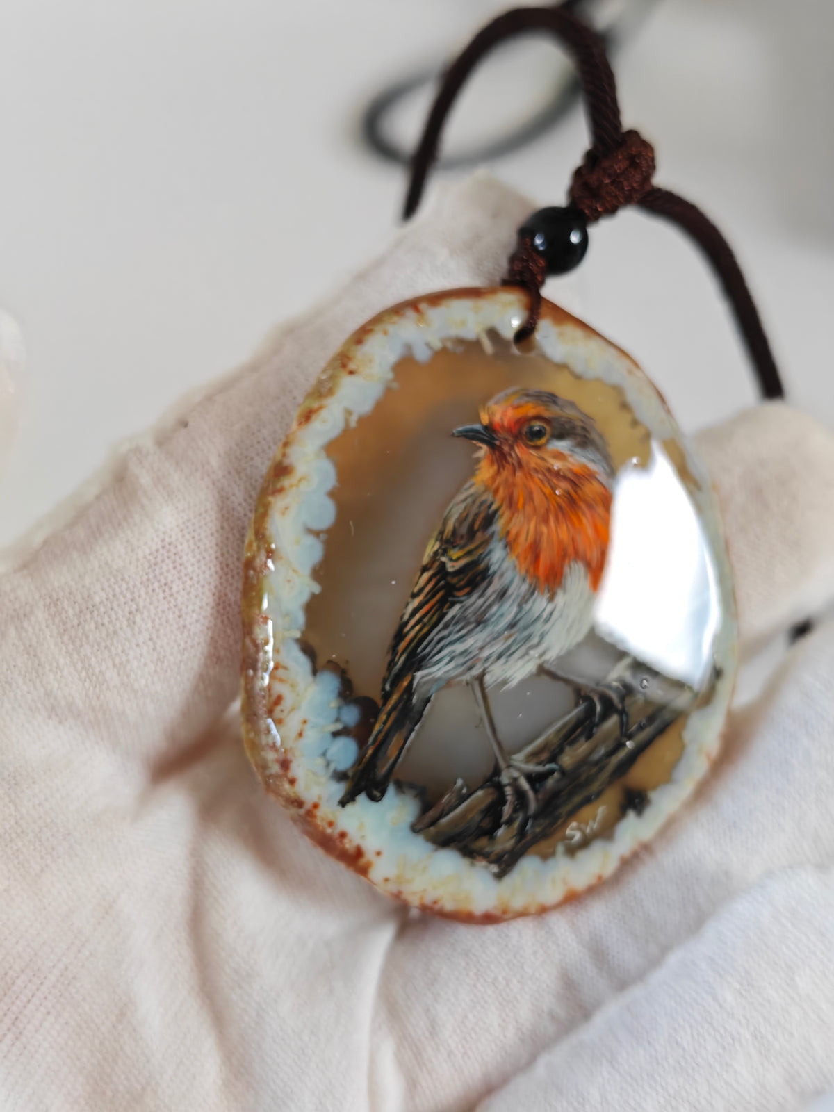 Einzigartige Anhänger /das Rotkehlchen/Achat/Hand bemalt Juwelen und tragbare Kunst /Natur Schmuck