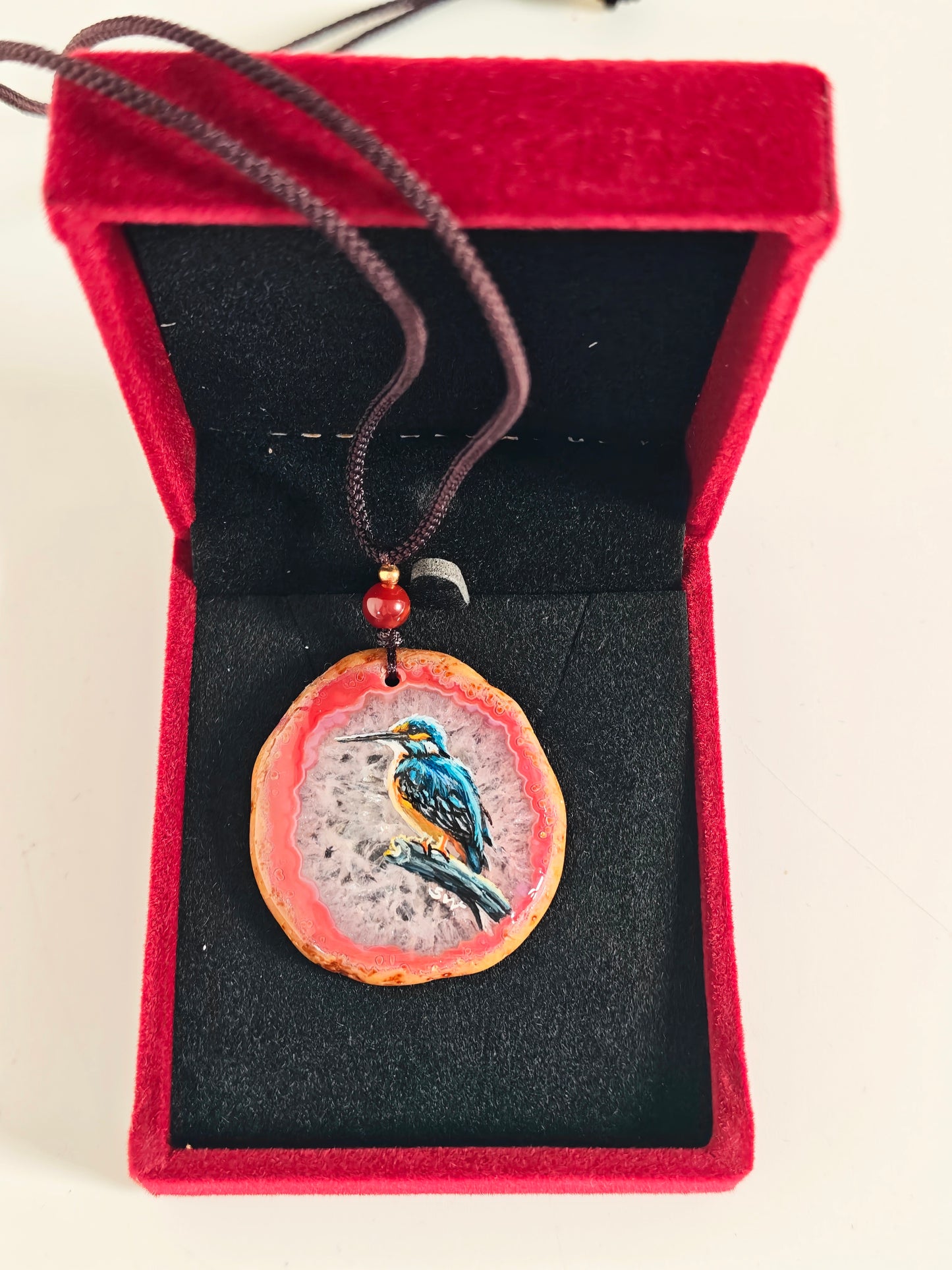 Einzigartige Anhänger /Der Eisvogel/Achat/Hand bemalt Juwelen und tragbare Kunst /Natur Schmuck