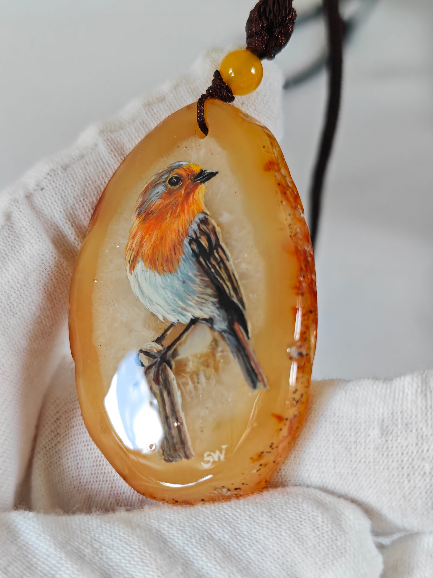 Einzigartige Anhänger /das Rotkehlchen/Achat/Hand bemalt Juwelen und tragbare Kunst /Natur Schmuck