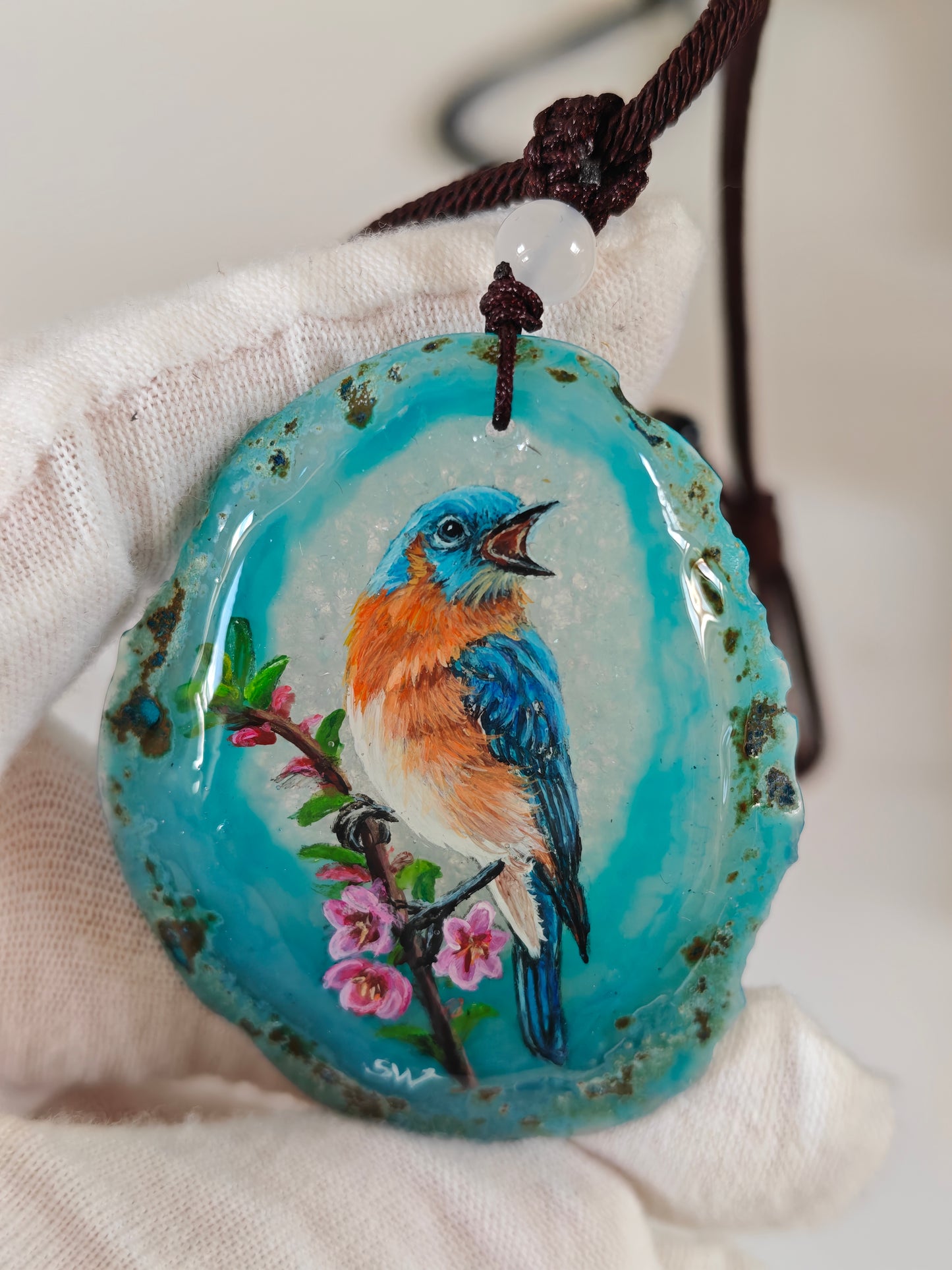 Einzigartige Anhänger /das Eisvogel/Achat/Hand bemalt Juwelen und tragbare Kunst /Natur Schmuck