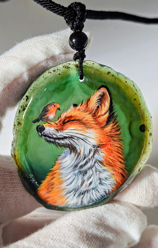 Einzigartige Anhänger /der Fuchs und Schmetterling/Achat/Hand bemalt Juwelen und tragbare Kunst /Natur Schmuck